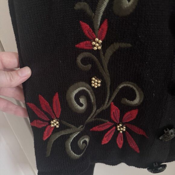 VTG Norm Thompson Knit Cardigan Sweater Christmas Poinsettia Cardinal Med Petite - Picture 10 of 12
